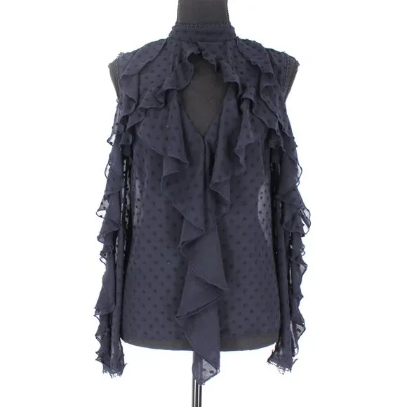 NICHOLAS Ruffle Trim Cold Shoulder Blouse 2 Sheer Navy Blue Swiss Dot Top XS Tops